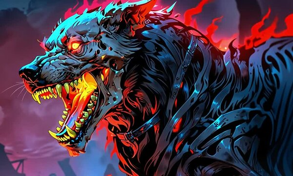 Digital illustration of mythical wolf-like creature with skeletal structure, metallic patterns, fiery fur, intense eyes, and menacing teeth.