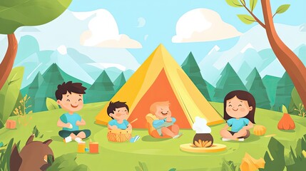 Naklejka premium Four Children Enjoying a Camping Trip in the Woods