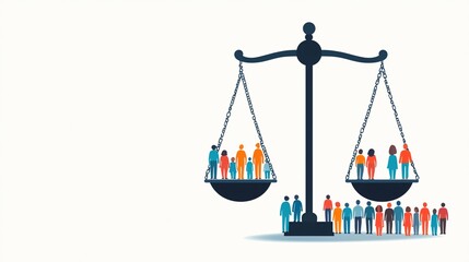 Justice scales with diverse human figures, inclusivity and morality, flat design illustration
