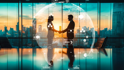 Fototapeta premium A handshake between business partners with a holographic world map in the background