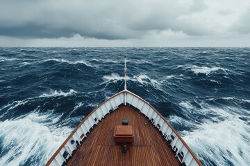 A serene view from the bow of a boat navigating through choppy waves under a cloudy sky, embodying adventure and nature's power
