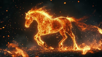 A surreal image of a horse running in an intense, fiery environment. The flames surround the horse as it moves through the dark setting, creating a dramatic and powerful display of energy, heat, and