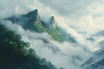 Naklejka premium A mountain range with a large peak in the distance, generative ai image