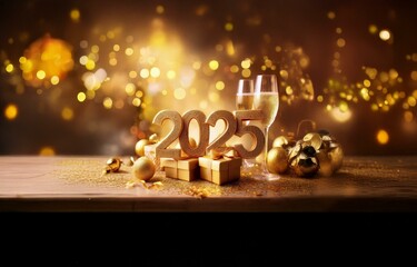Golden 2025 year numerals on a wooden table with presents, champagne glasses, and a blurry background of twinkling lights.