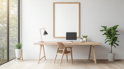 Modern home office with wooden desk, chair, computer, and potted plants.