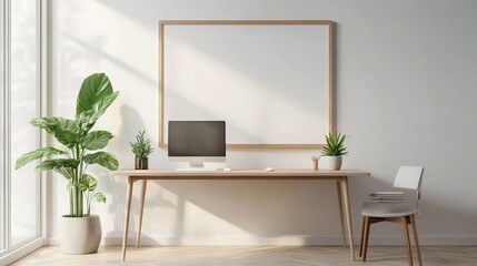 Modern home office with plants, a desk, computer, and large windows.