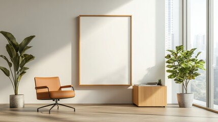 Modern interior with a comfortable chair, plants, and a blank frame on the wall.