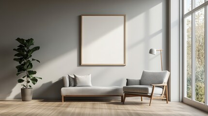 Modern living room with natural light, minimalist sofa, and indoor plant decoration