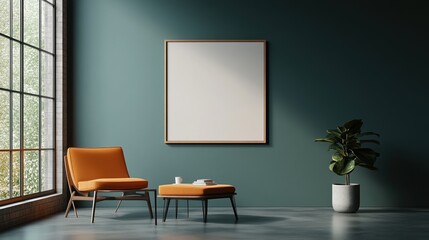 Modern living room with orange furniture, plants, and empty wall frame.