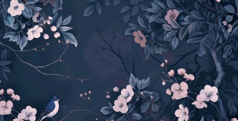 seamless pattern with a digital illustration of  bird with small flowers, and berries in shades of navy blue, green, and pink on a dark background