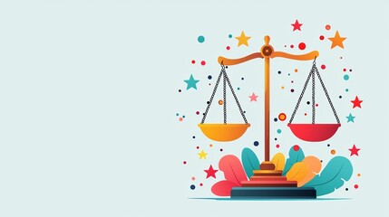 Justice scales with balanced stars, cosmic equality, flat design illustration