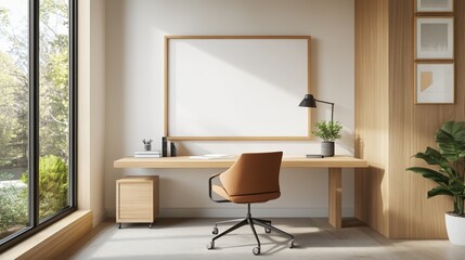 Modern office interior with a wooden desk, chair, and large window for natural light.