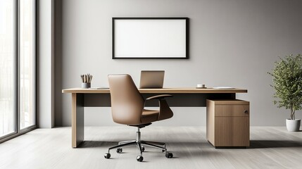 Modern office interior with a wooden desk, ergonomic chair, and large windows.