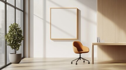 Modern office interior with an empty frame, chair, desk, and indoor plant.