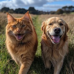 Fototapeta premium Red Cat and Golden Retriever Enjoying Sunny Day on Green Field