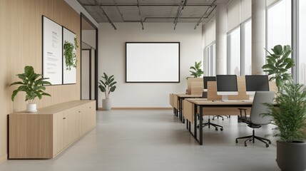 Fototapeta premium Modern office interior with desks, computers, and plants, bright and spacious.