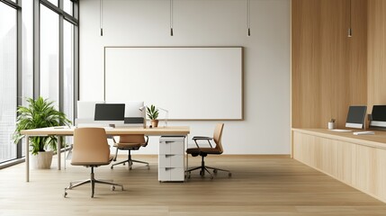 Fototapeta premium Modern office interior with natural light and minimalist design elements
