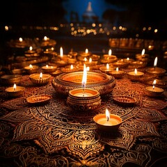 Artistic depiction of multiple diyas illuminating a festive night with intricate rangoli designs in the background.
