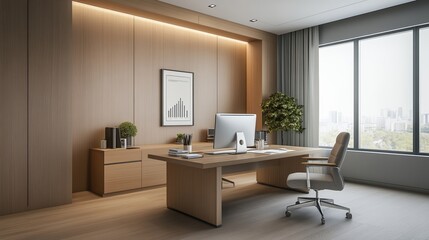 Modern office interior with wooden decor, large window, and stylish furniture.