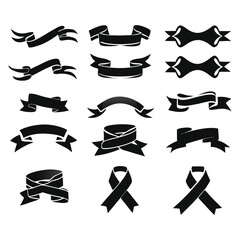 Ribbon set. Tape blank black glyph collection, decorative silhouette icons. Vintage outline design, ribbons sign style. Web icon kit of text banner tapes. Isolated vector illustration