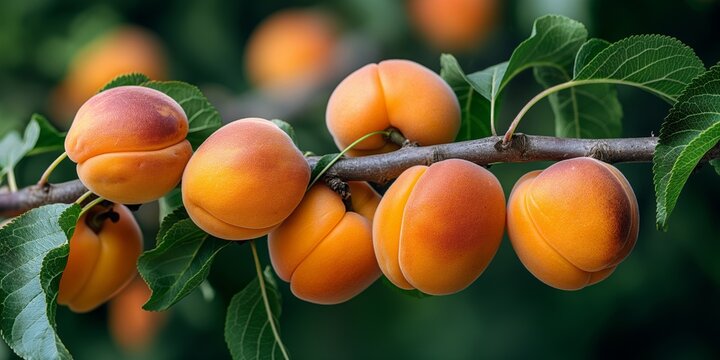 A close-up view of ripe apricots hanging on a tree branch with fresh green leaves, set against a blurred natural background, evoking a sense of summer harvest and organic freshness