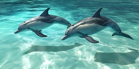 Obraz premium Two dolphins swimming in turquoise water.