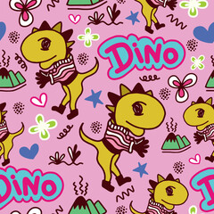 Dinosaur seamless pattern. doodle style for girls, kids. Hand drawn children's pattern for fashion clothes, shirt, fabric.