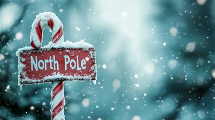 a sign with the text north pole in a winter landscape - xmas background