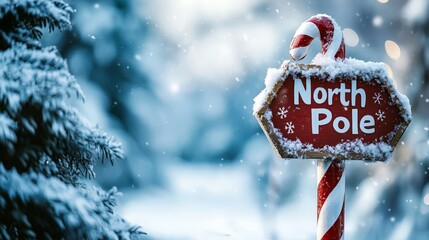 a sign with the text north pole in a winter landscape - xmas background