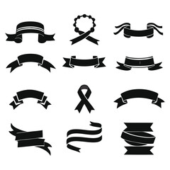 Ribbon set. Tape blank black glyph collection, decorative silhouette icons. Vintage outline design, ribbons sign style. Web icon kit of text banner tapes. Isolated vector illustration