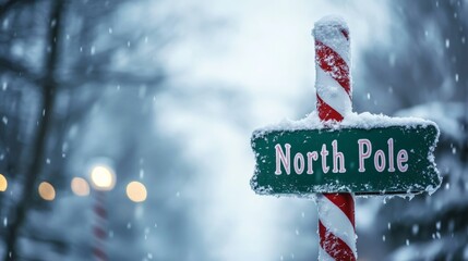 a sign with the text north pole in a winter landscape - xmas background