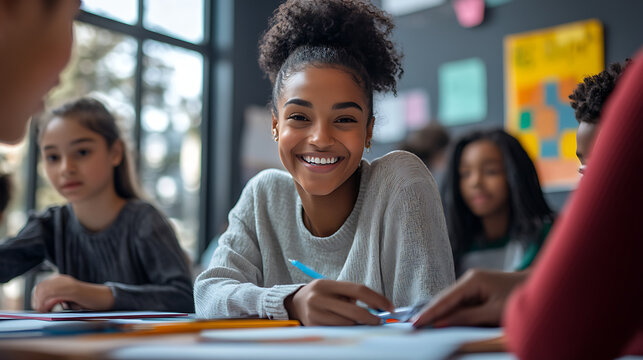 Children working together on creative projects in a colorful and organized classroom, where the teacher promotes teamwork, positive reinforcement, and a sense of accomplishment, ensuring a supportive 