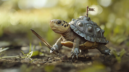 Obraz premium Turtle wearing a tiny knight’s armor, marching with a mini sword, epic adventure feel 