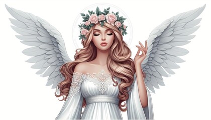 Illustration of serene angelic figure with floral crown and wings in soft tones