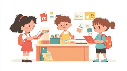 Three Cartoon Children with Backpacks in a Classroom Setting