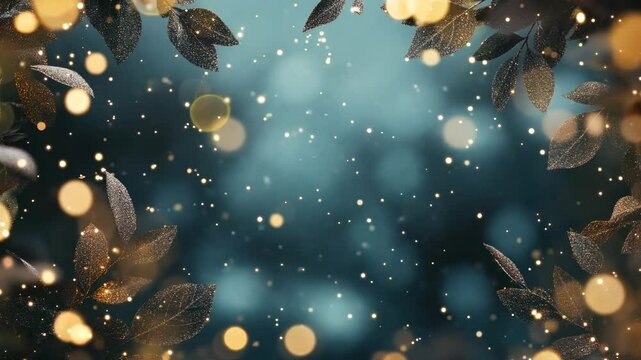 scene with falling snowflake border framing Christmas background. subtle motion, glowing lights. cheerful, elegant.