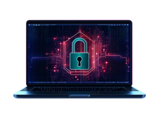 Laptop with Lock Icon on Screen Representing Cybersecurity and Data Protection Isolated on Transparent Background