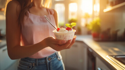 woman's hand gracefully holds a yogurt cup while scooping a spoonful. The simple act of enjoying a healthy snack symbolizes self-care, mindfulness, and the balance between indulgence and wellness