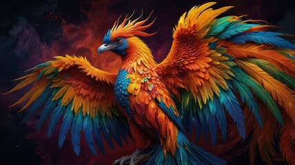 Obraz premium A colorful phoenix bird with its wings outstretched against a dark, smoky background.