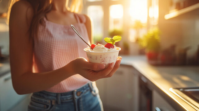 woman's hand gracefully holds a yogurt cup while scooping a spoonful. The simple act of enjoying a healthy snack symbolizes self-care, mindfulness, and the balance between indulgence and wellness