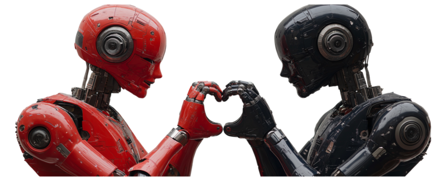 Two Humanoid Robots Forming a Heart Shape with Their Hands Isolated on Transparent Background