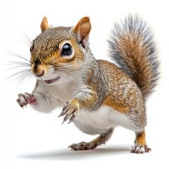 Obraz premium Playful Grey Brown Squirrel Jumping in Isolation on White Background