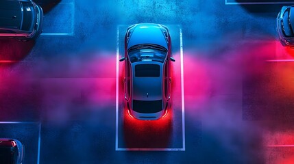A top-view visualization of a smart car parking assist system using autonomous technology for road scanning and self-parking, highlighting automotive innovation