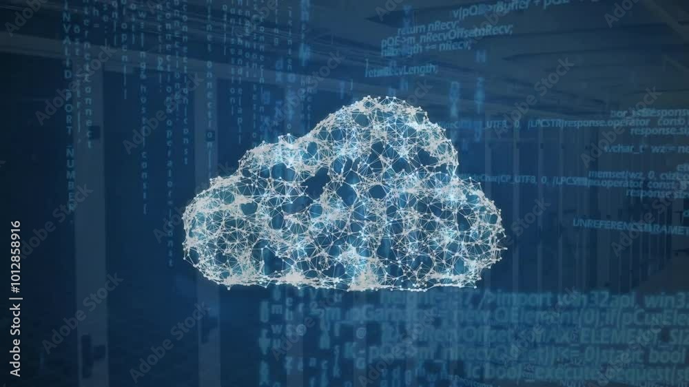 Poster animation of cloud icon and data processing over computer servers