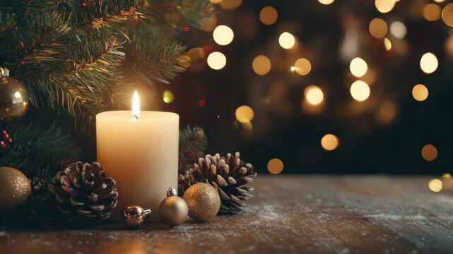 Christmas candle flickering amid twinkling tree lights. baubles, pinecones enhance holiday spirit. warm, inviting atmosphere.