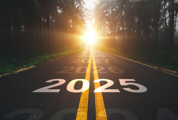 2025 New Year road trip travel and future vision concept . Nature landscape with highway road...