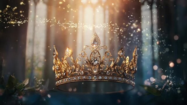 Ornate gold crown with jewels in blurred gothic cathedral. mystical regal effect.
