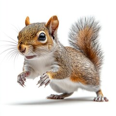 Fototapeta premium Playful Grey Brown Squirrel Jumping in Isolation on White Background
