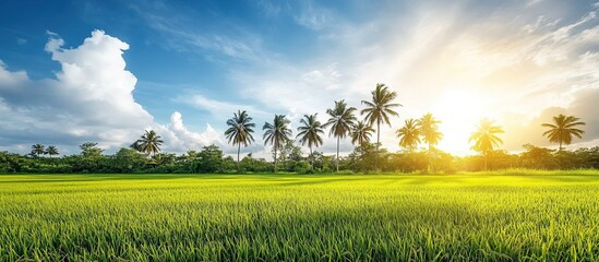 Fototapeta premium Tropical Sunset Over a Lush Rice Paddy Field