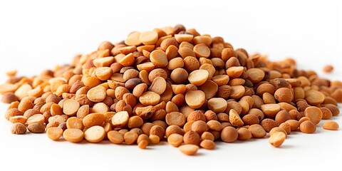 Fototapeta premium A close-up of a pile of light brown canola seeds scattered on a white background, highlighting their small, round shapes and smooth textures, perfect for agricultural and food-related content